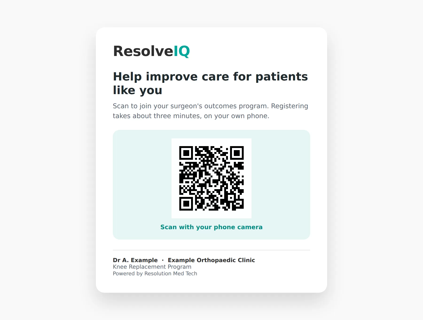 ResolveIQ A ResolveIQ card with a QR code handed to a patient at the clinic