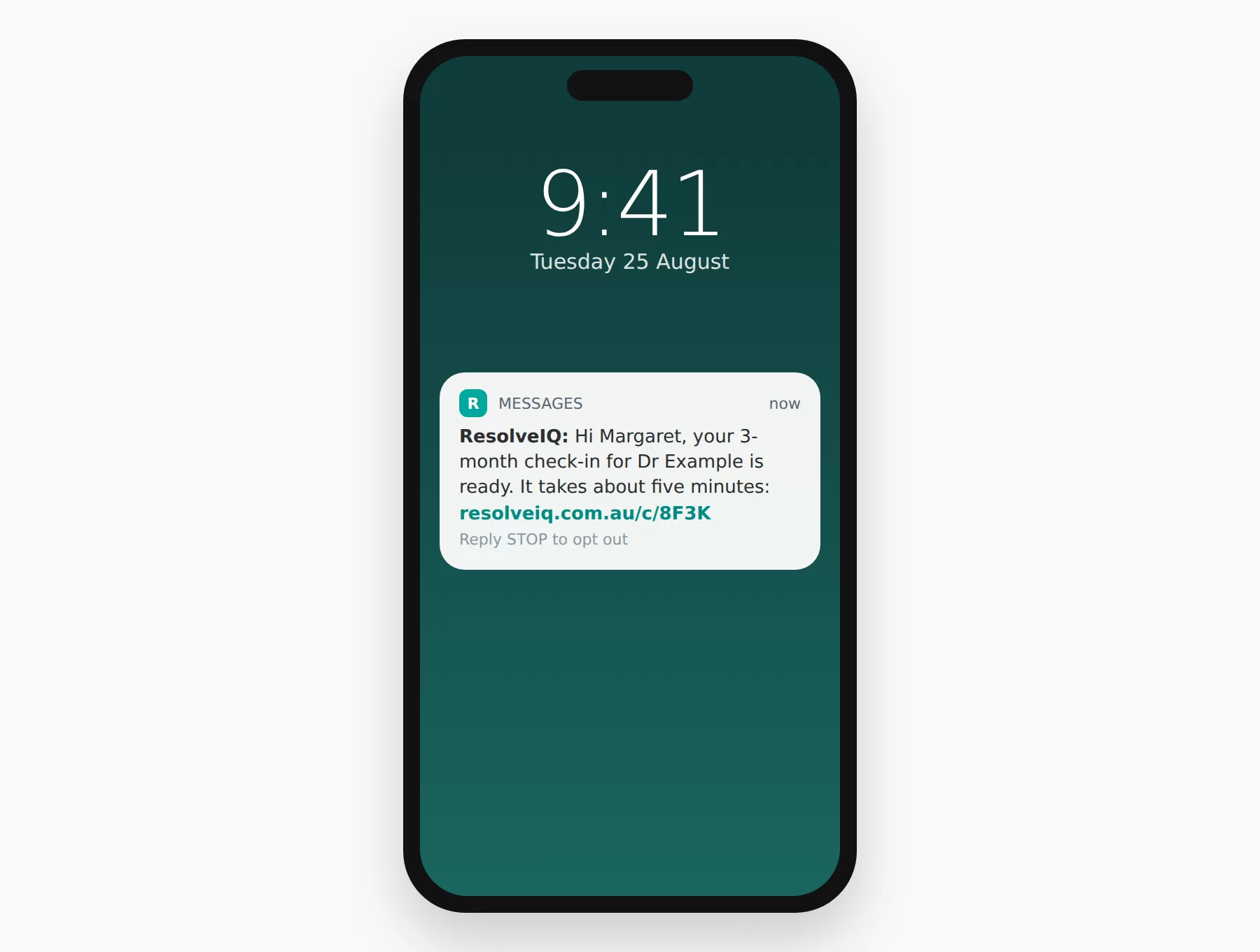 ResolveIQ A phone showing a text message from ResolveIQ with a check-in link