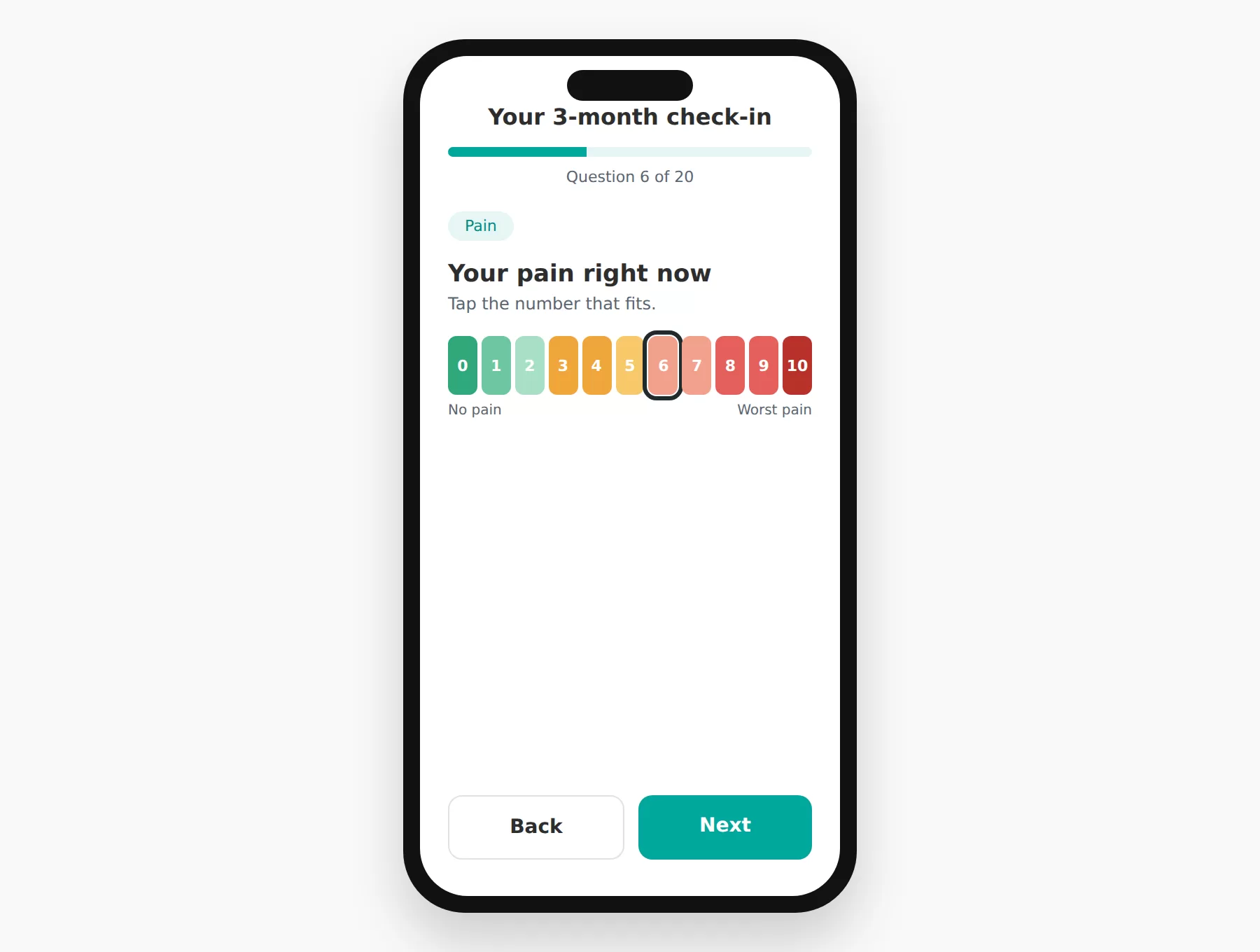 ResolveIQ A phone showing a ResolveIQ check-in question about pain