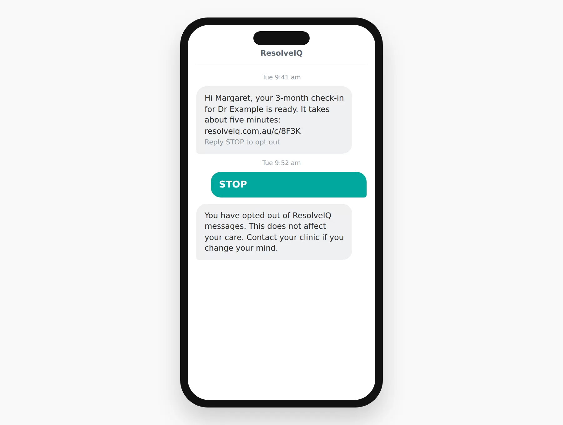 ResolveIQ A phone showing a patient replying STOP to a ResolveIQ text message